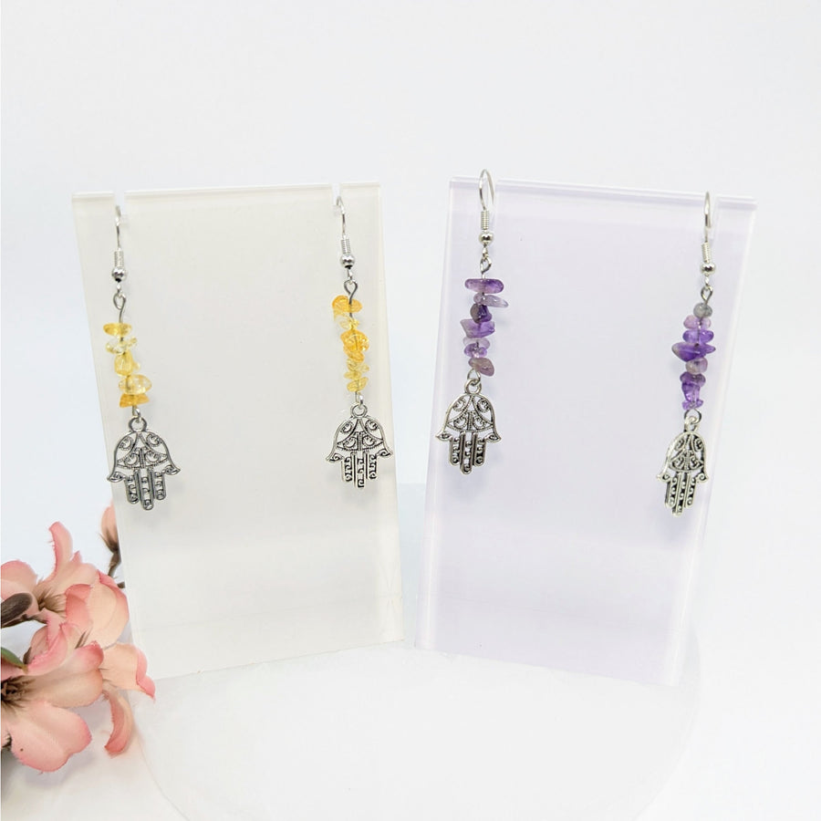 Handcrafted crystal healing Crystal Hamsa earrings with gemstone details in Fatima earrings style
