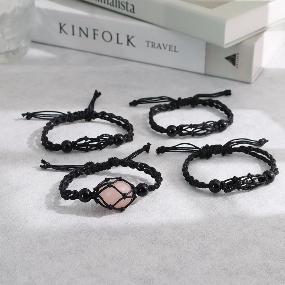 Four black braided string bracelets with a pink crystal from the Crystal Holder Necklace