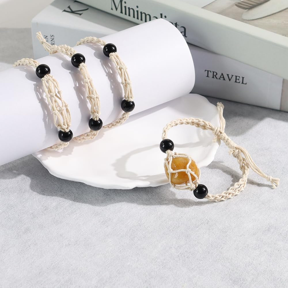 Braided hemp bracelet with black beads and amber stone charm from Crystal Holder Necklace