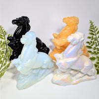 Polished opaline Crystal Horse 4’’ carving in black, pale blue, iridescent white