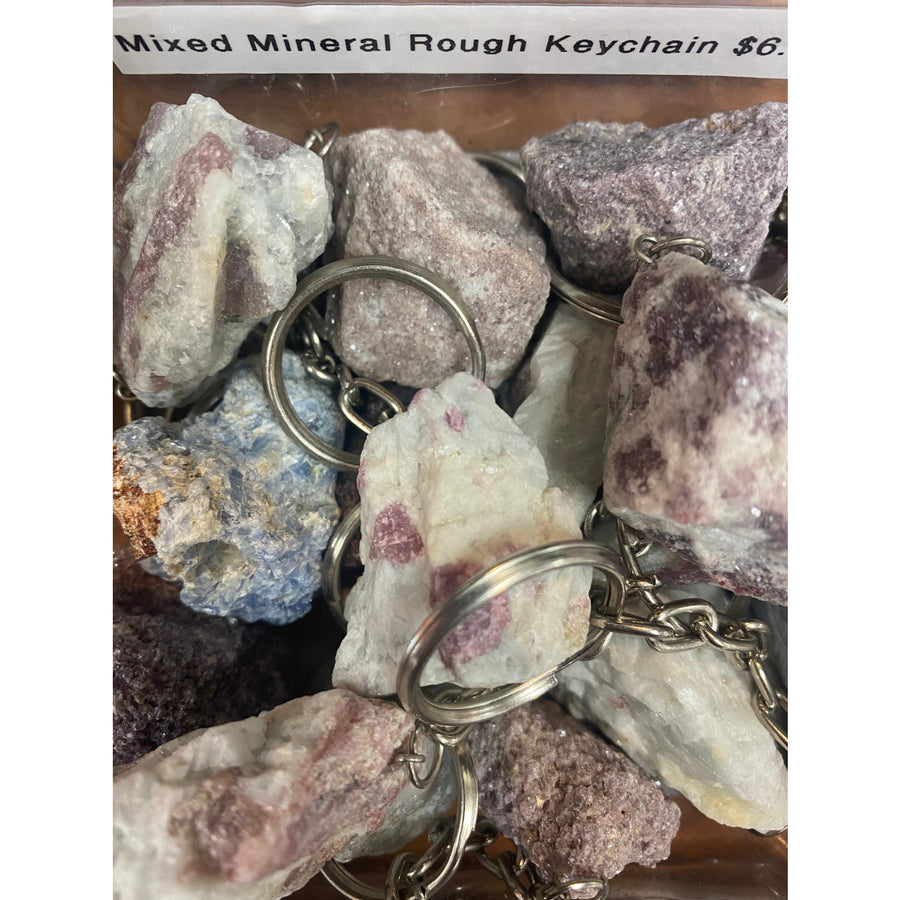 Crystal keychain assorted q106 featuring mixed mineral rough stones in white gray purple and blue with silver metal rings