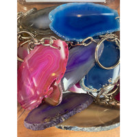 Vibrant pink blue and purple agate slices attached to silver metal crystal keychain assorted q106