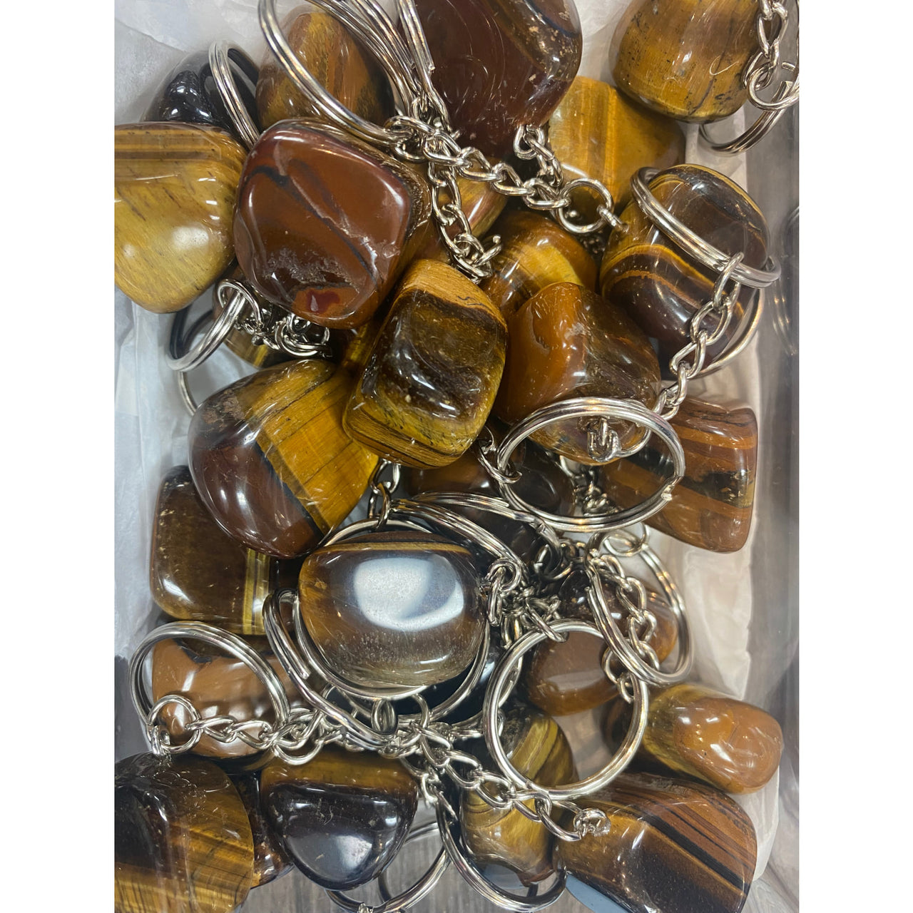 Tiger eye crystal keychain with polished brown and gold striped stones on silver metal chain assorted q106