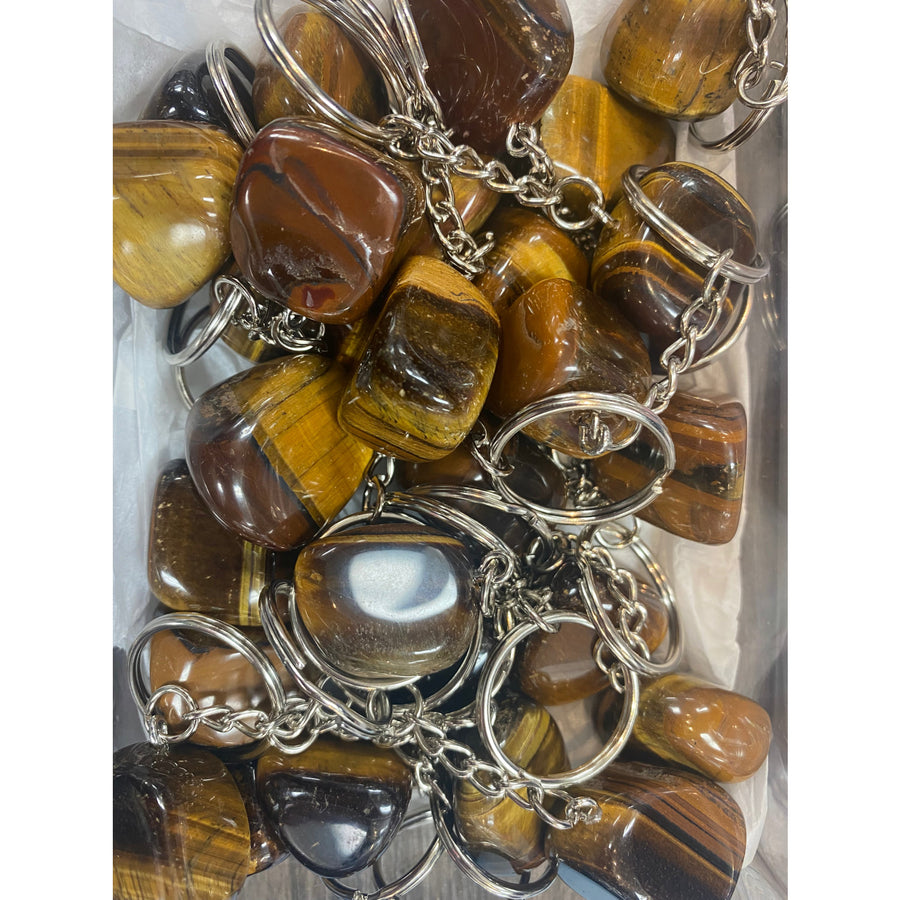 Tiger eye crystal keychain with polished brown and gold striped stones on silver metal chain assorted q106