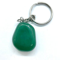 A smooth polished green aventurine crystal keychain with a silver metal ring and chain for easy carrying