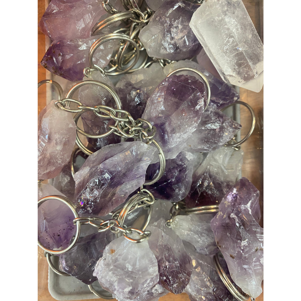Purple and clear amethyst crystal keychains with silver metal chains and rings for crystal keychain assorted #q106
