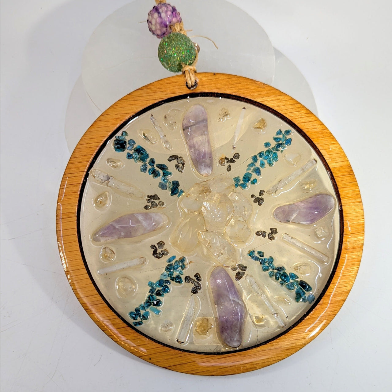 8’’ Crystal Mandala Resin Hanging Ornament with Amethyst, Quartz, Blue Gems
