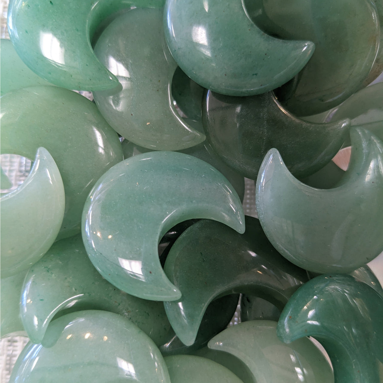 Polished jade and aventurine crescent moons in Crystal Moon & Star Variety C039