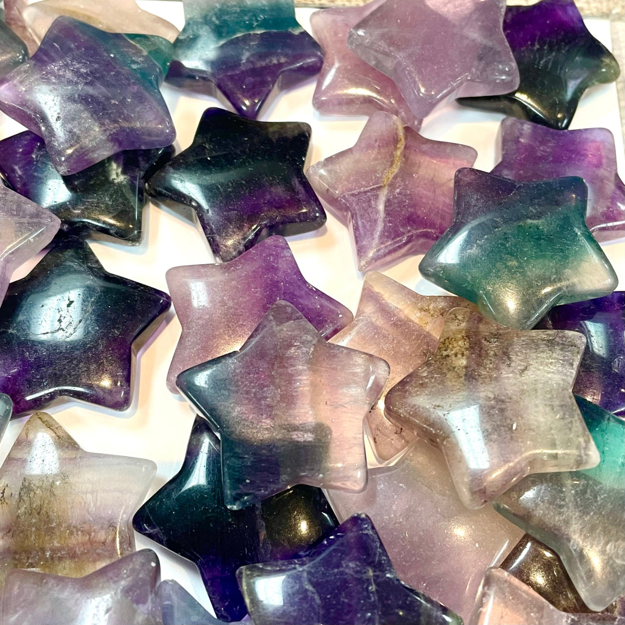 Colorful fluorite crystal stars in purple, green, and pink for Crystal Moon & Star C039