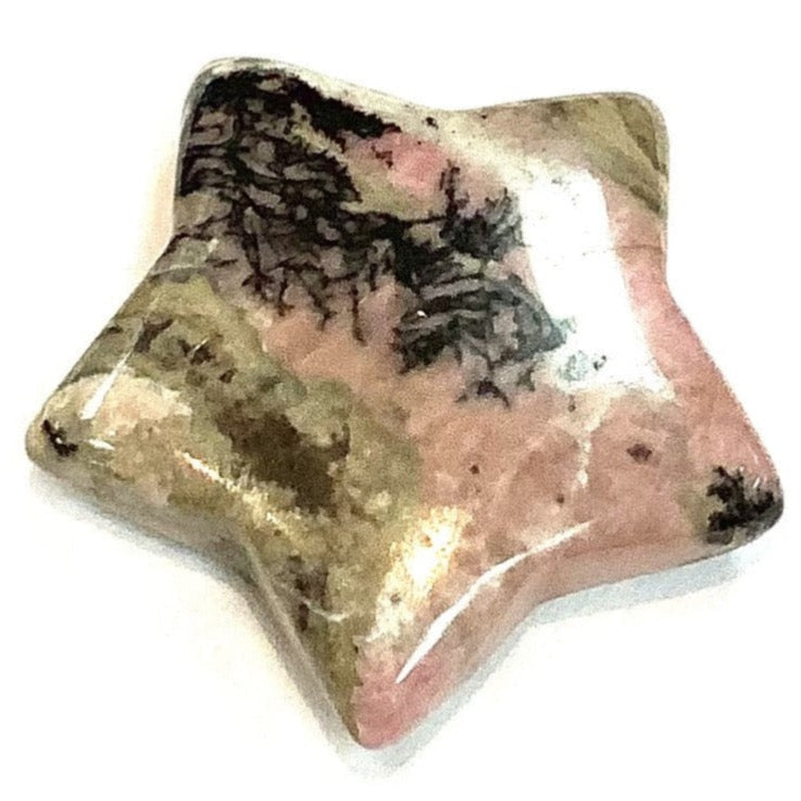 Star-shaped pink and gold stone with black dendritic patterns, Crystal Moon & Star #C039