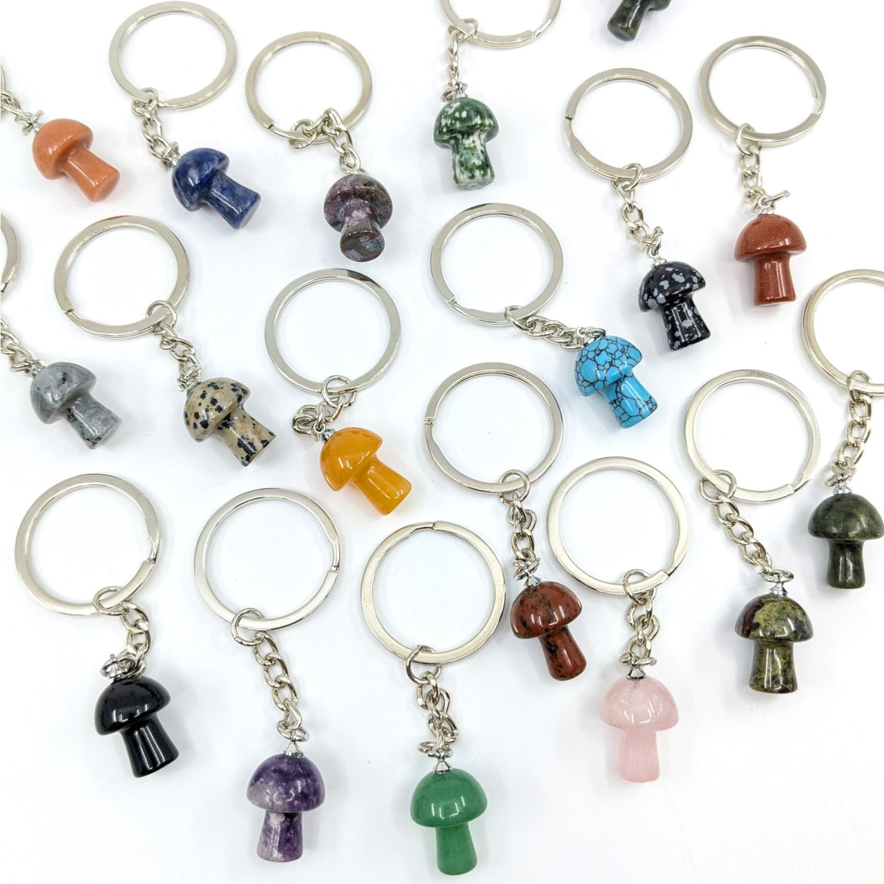 Crystal Mushroom 0.75’’ Keychain featuring colorful stone or crystal pendant keychains