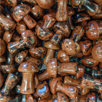 Thumbnail for Brown wooden chess pieces scattered around the Crystal Mushroom #C041 decorative item