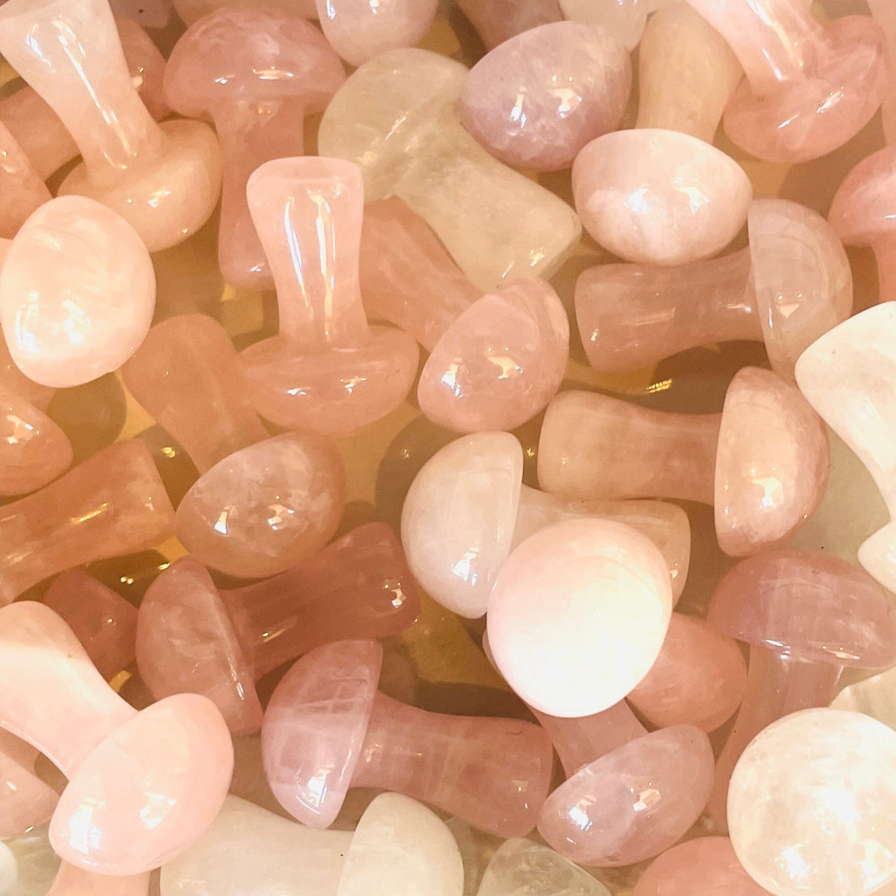 Polished Rose Quartz and White Quartz stones in Crystal Mushroom C041 display