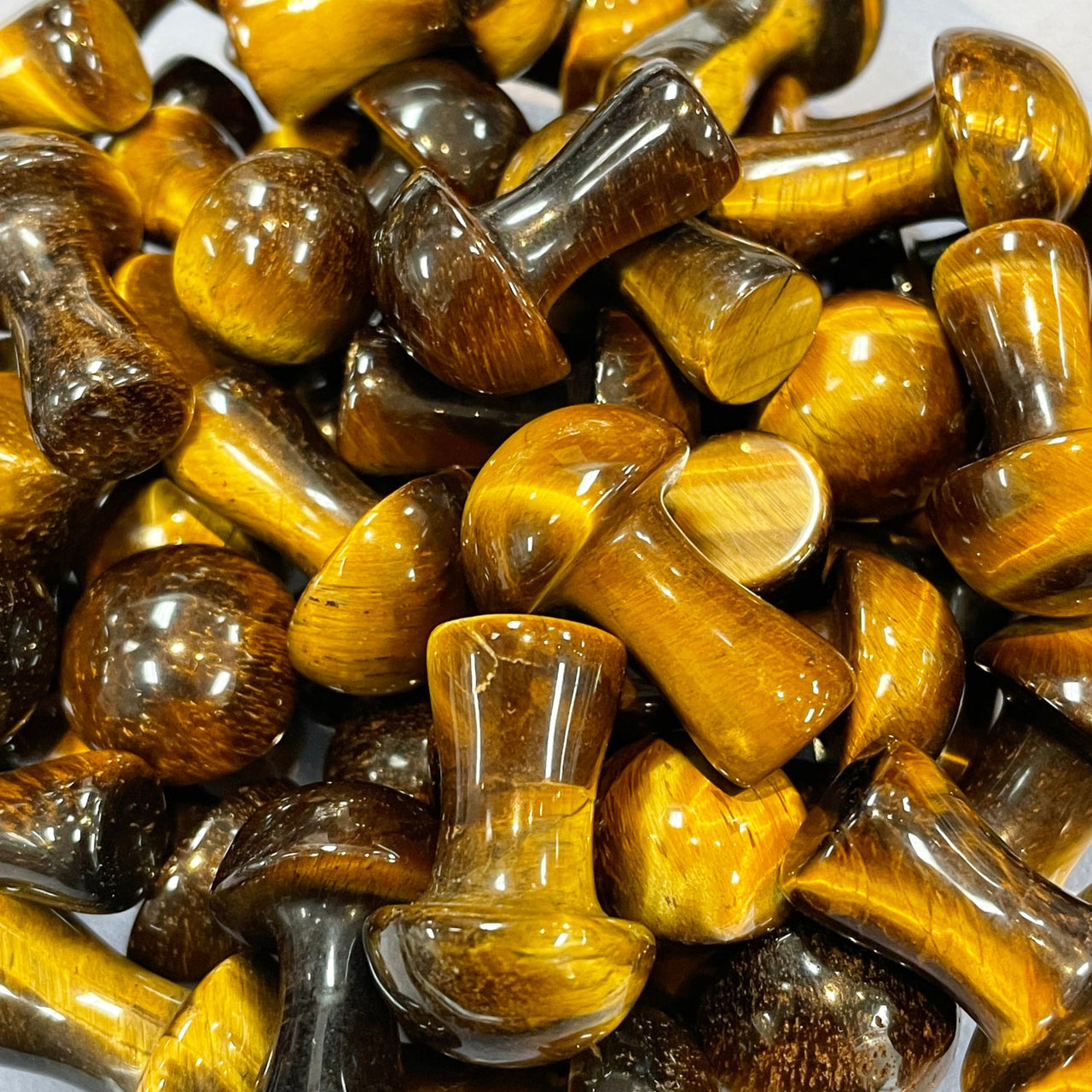 Polished Tiger’s Eye gemstones shaped like small mushrooms in Crystal Mushroom C041