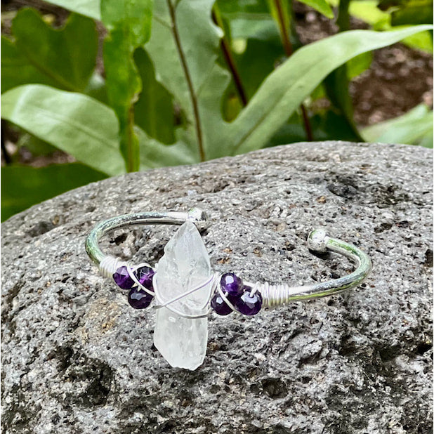 Crystal Quartz & Amethyst Gemstone Silver Bangle Cuff