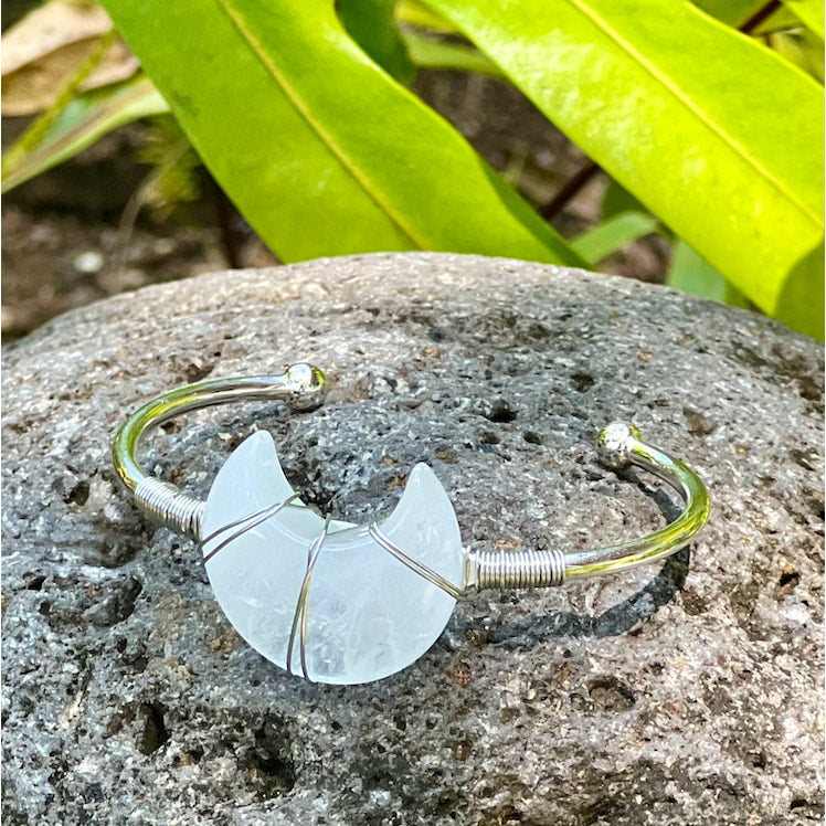 Crystal Quartz Moon Gemstone Silver Bangle Cuff Bracelet