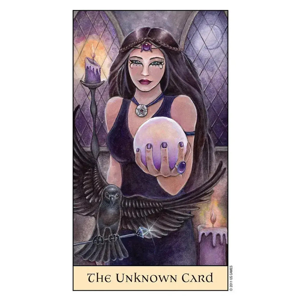 Mystical Crystal Visions Tarot card featuring a fortune teller, crystal ball, and raven