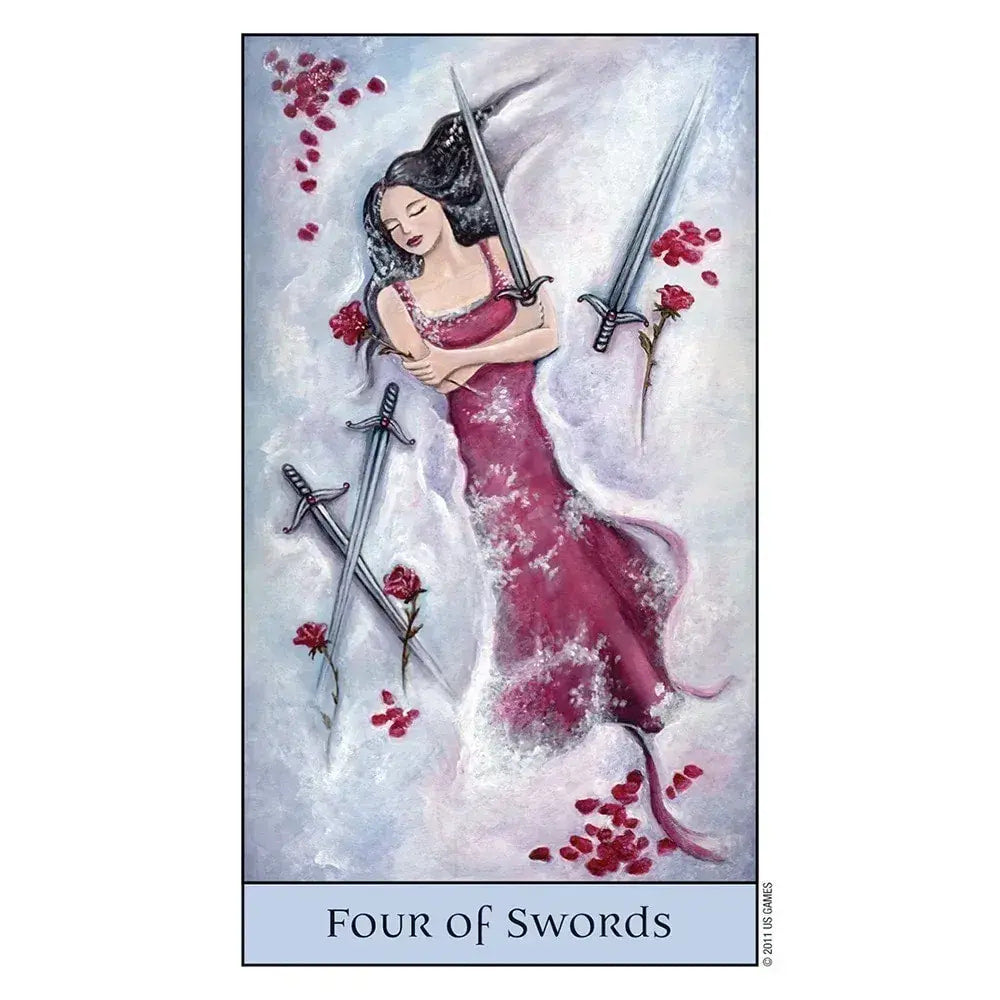 A figure in a red dress surrounded by swords and rose petals from Crystal Visions Tarot