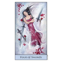 A figure in a red dress surrounded by swords and rose petals from Crystal Visions Tarot