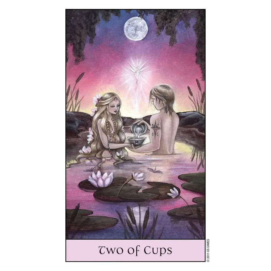 Tarot card from Crystal Visions Tarot showing two figures by a lily pond at night