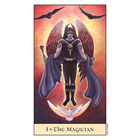 Winged figure in dark attire among ravens and a dove from Crystal Visions Tarot