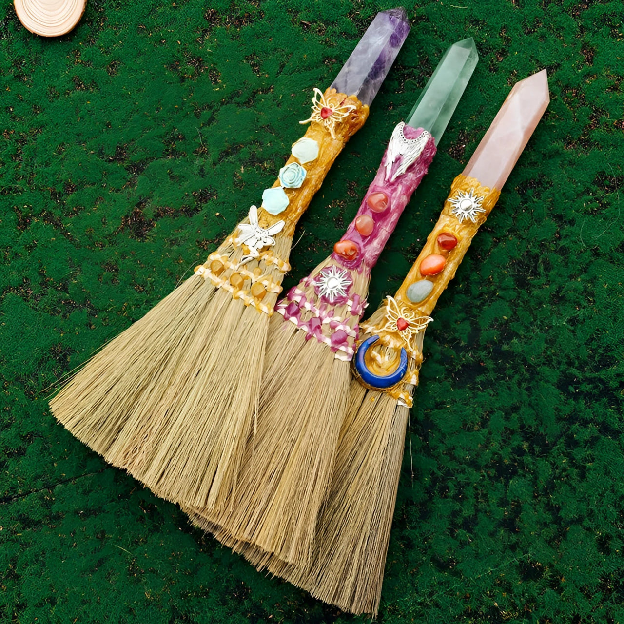 Purple Amethyst Crystal Witchs Broom with Gold Accents and Gemstone Handle LV9551