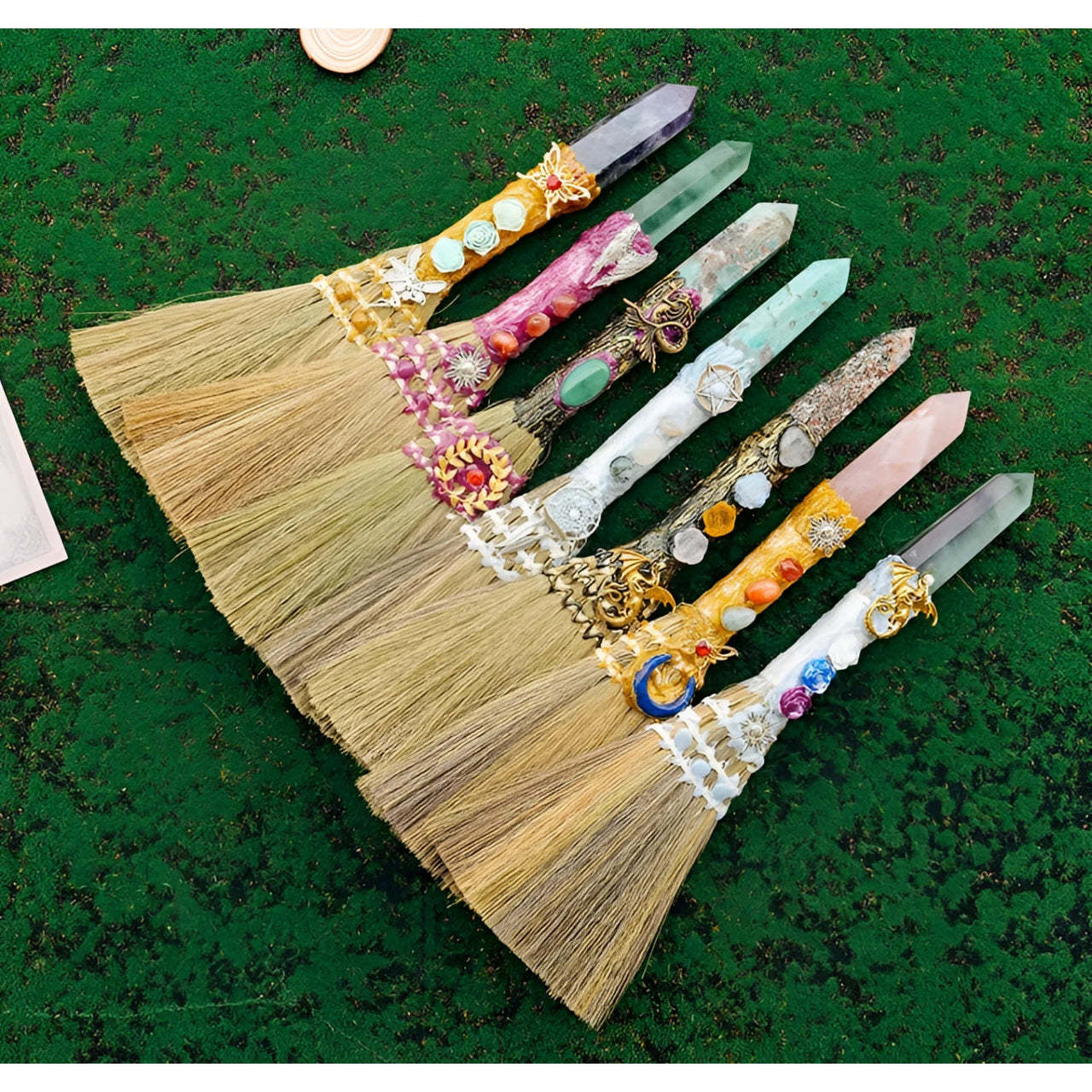 Quartz crystal broom set with colorful gemstone handles, LV9551