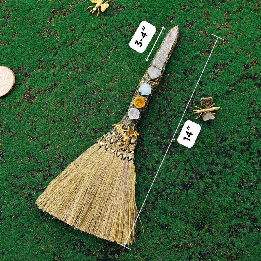 Golden Crystal Witchs Broom with Stone, 14in Straw Bristles