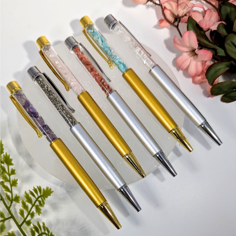Six 5.5in crystal-filled pens in gold silver with colorful gem chips #BC0754