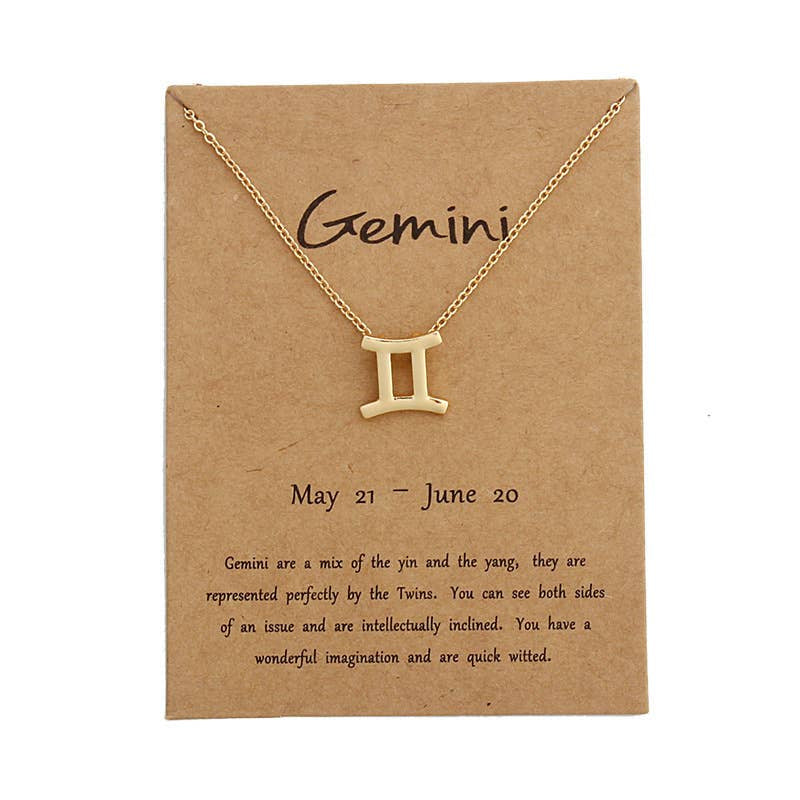 Gold Gemini Zodiac Necklace displayed in Dainty Zodiac Stainless Steel Gold Plated Necklace