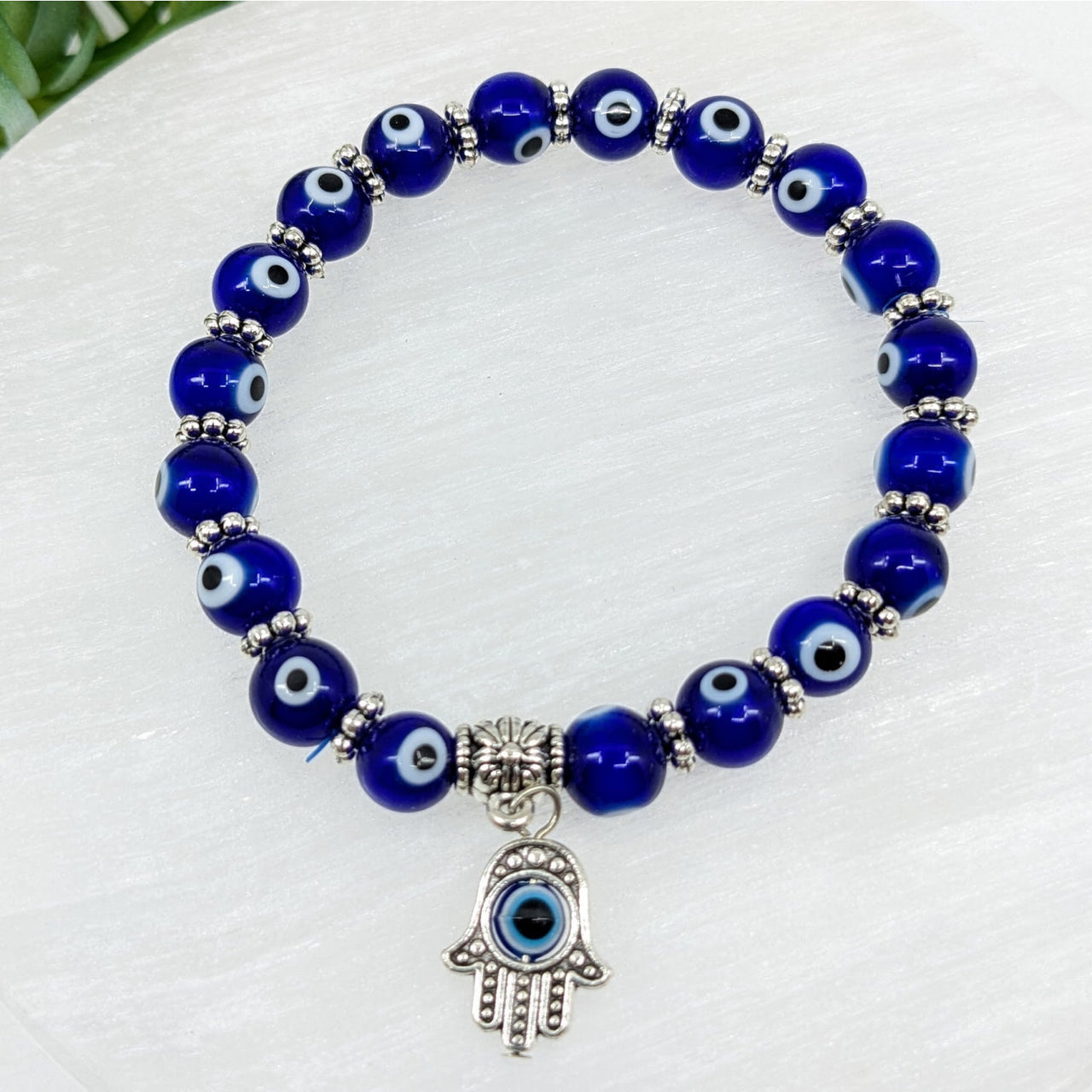 Blue Evil Eye Beaded Bracelet with Hamsa Hand Charm Dark Blue Evil Eye 7mm Bracelet LV6279