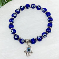 Thumbnail for Blue Evil Eye Beaded Bracelet with Hamsa Hand Charm Dark Blue Evil Eye 7mm Bracelet LV6279