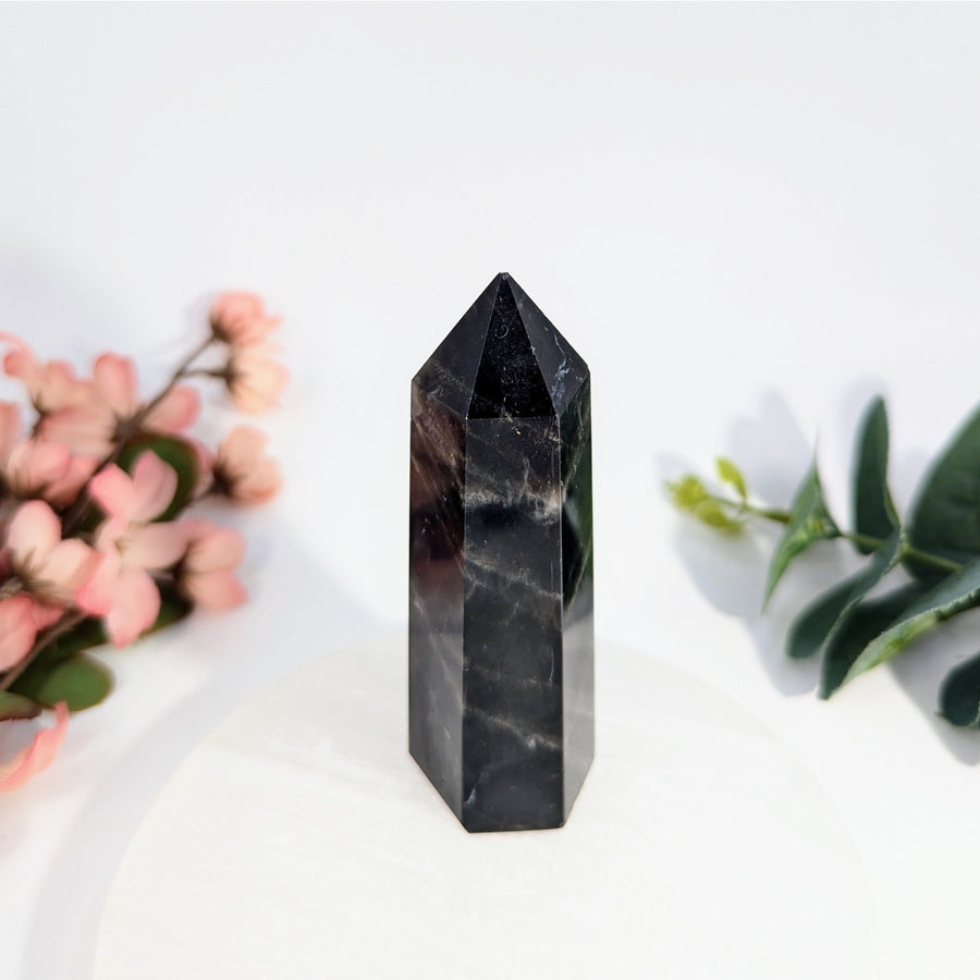 Polished black crystal obelisk from Dark Smoky Quartz 3.7 inch Tower LV8721