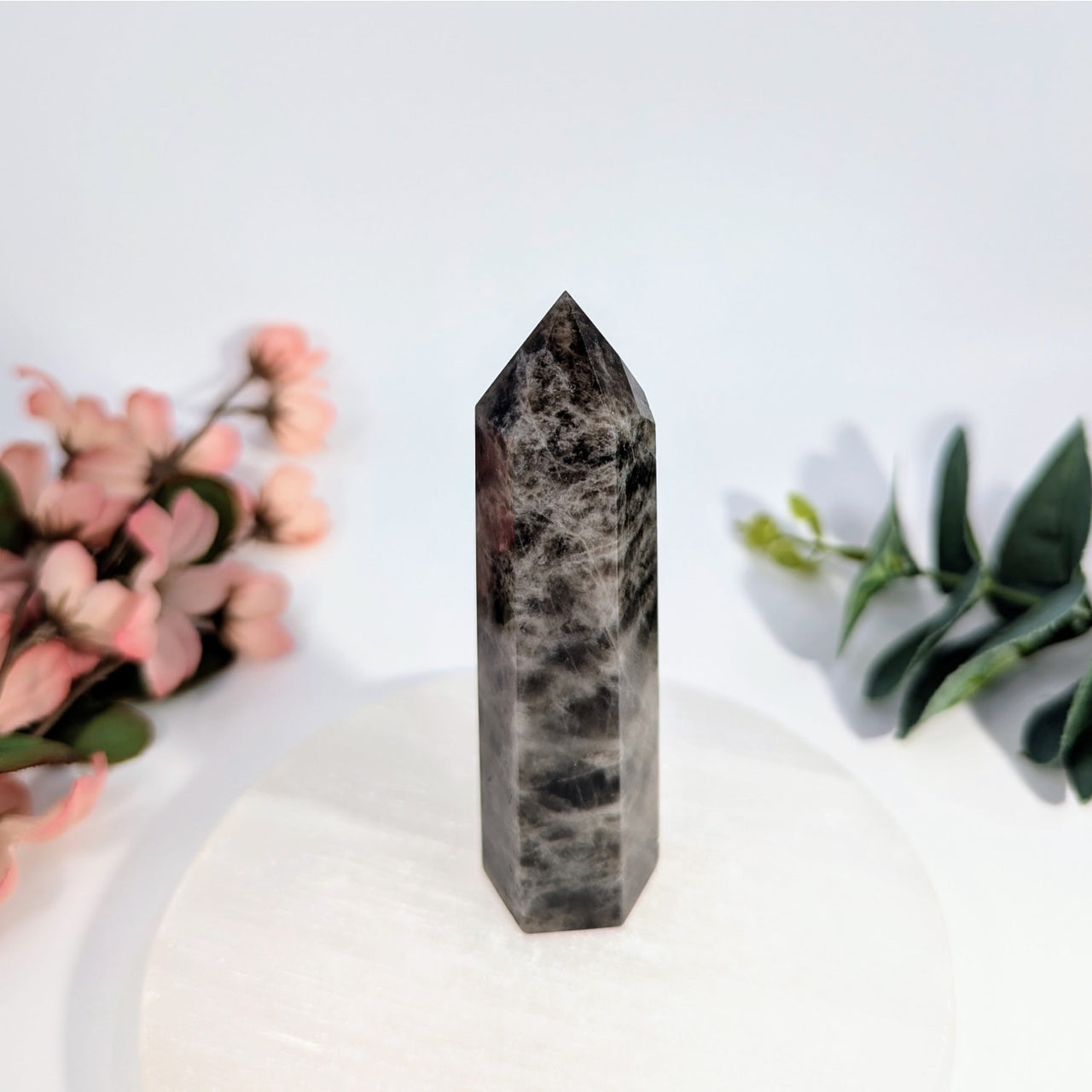 Polished black and gray crystal point Tower Dark Smoky Quartz 3.9 inches