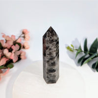 Polished black and gray crystal point Tower Dark Smoky Quartz 3.9 inches