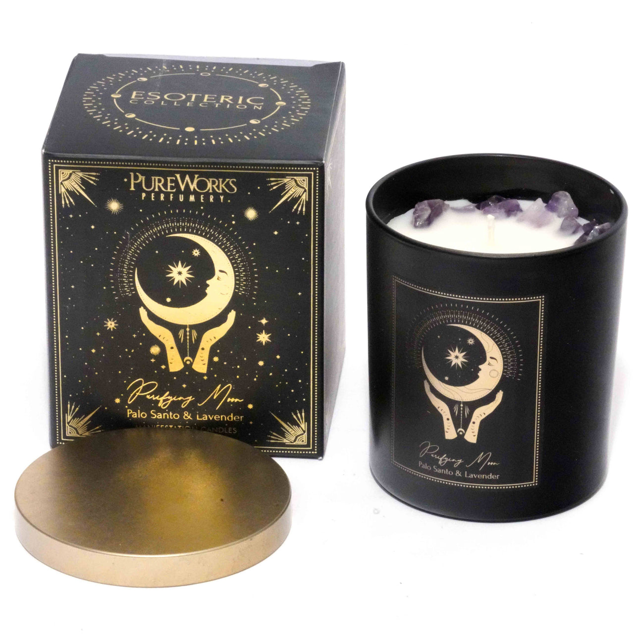 Esoteric Gem Candle - Purifying Moon, Palo Santo & Lavender, Gemstone: Amethyst #ES-CAGPM