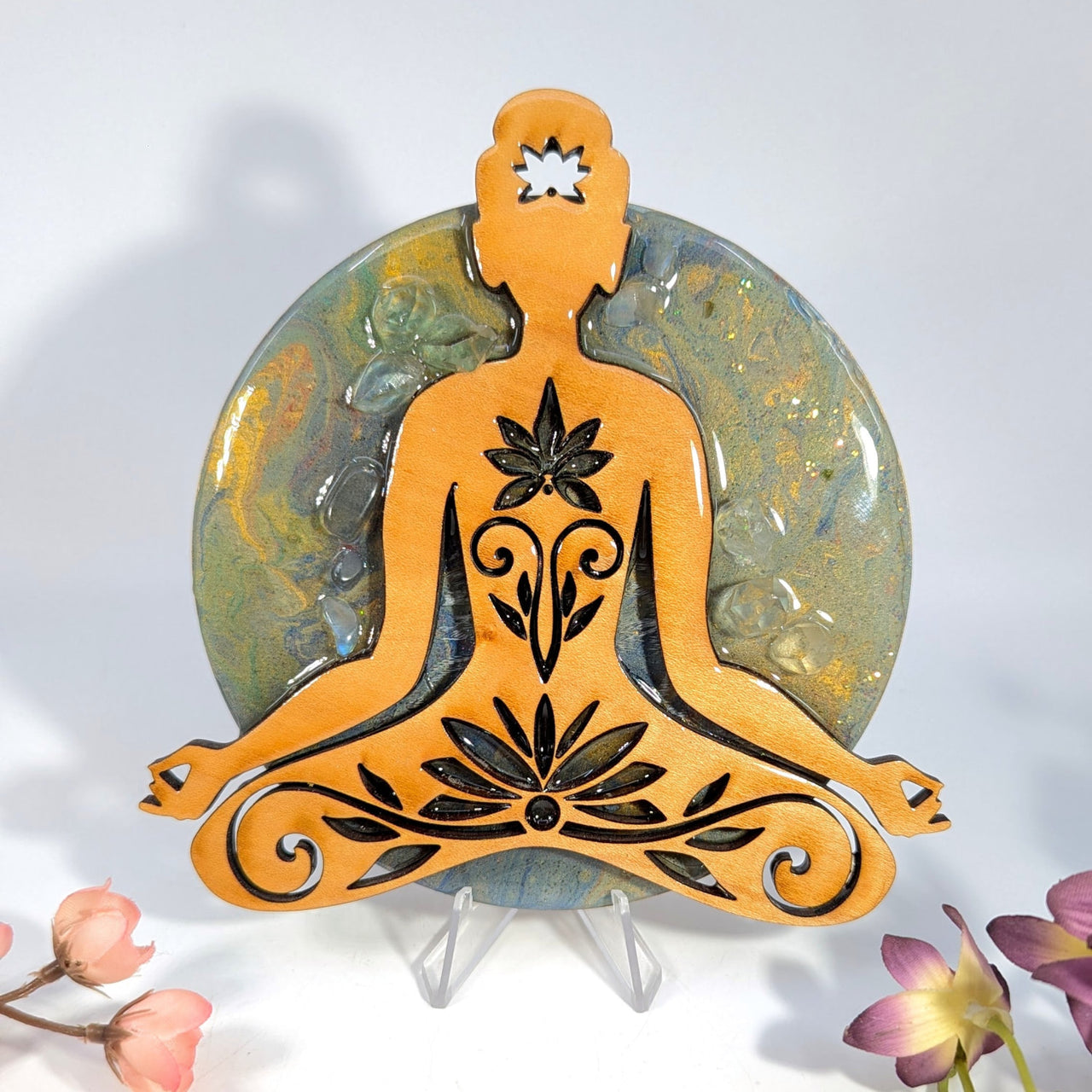 Orange wood meditation figure with black floral swirls and white star cutout, 5.5in resin tile overlay BC0379