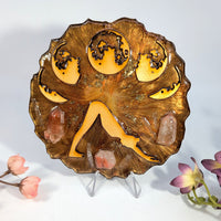 Golden resin yoga moon phase tile with quartz crystals, 5 inch #BC0377