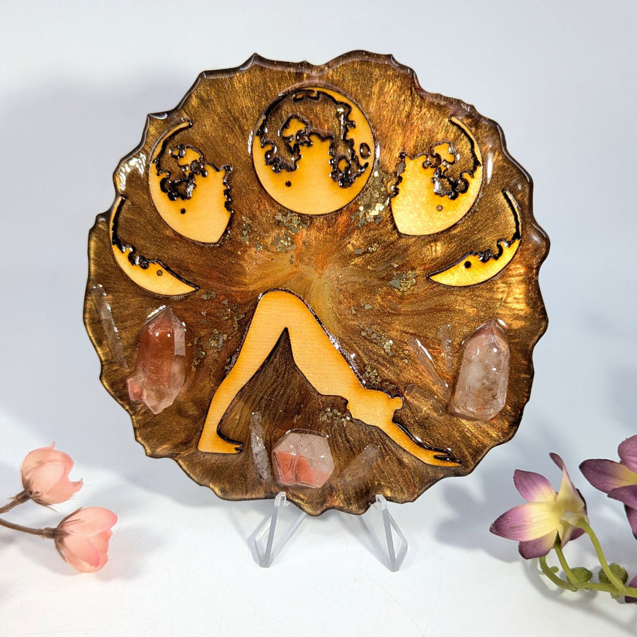 Golden resin yoga moon phase tile with quartz crystals, 5 inch #BC0377