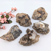 Five mixed size Deer Creek Fire Agate geodes, 1.5-6 inches, rough earthy tones