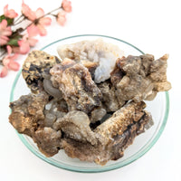 Deer Creek Fire Agate mixed size rough geodes in clear bowl