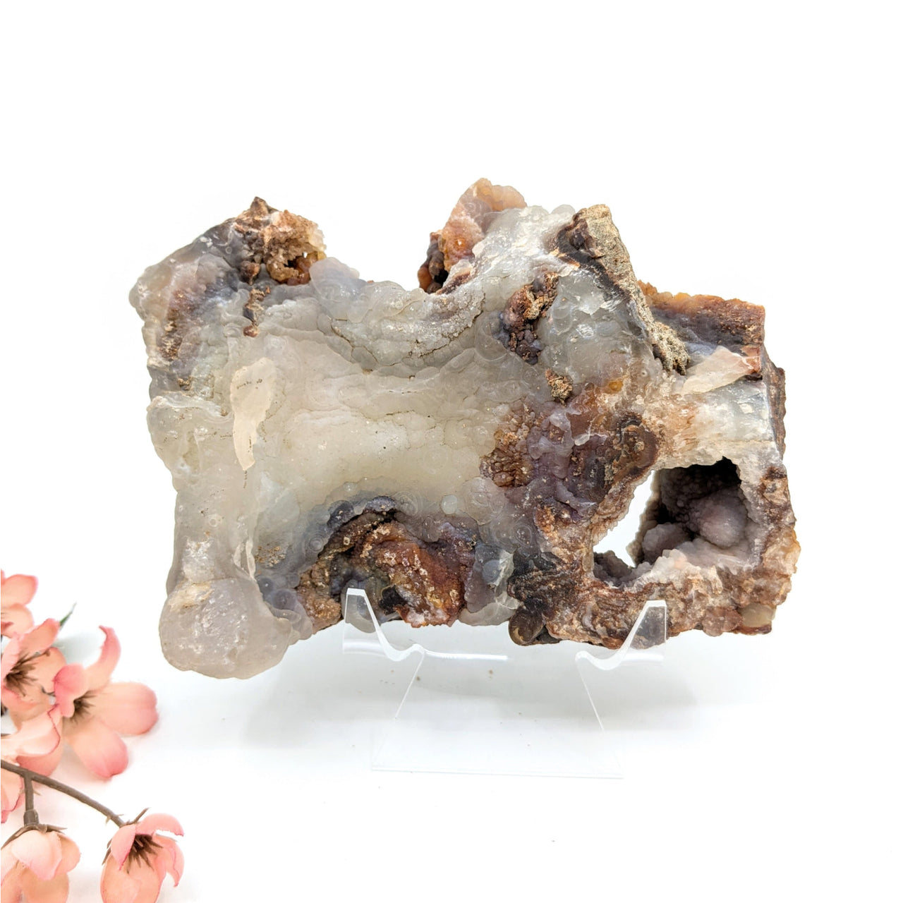 Translucent Deer Creek Fire Agate geode with gray brown crystals, 1.5-6in rough