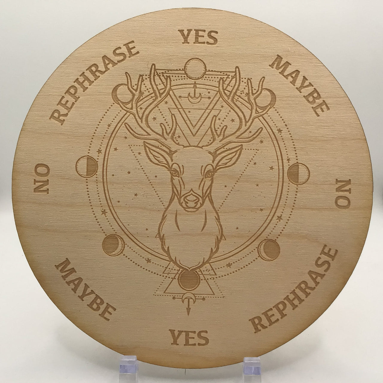 Deer Moon Phase Etched Wood Pendulum Board with deer head and ’please yes no yes yes’ text