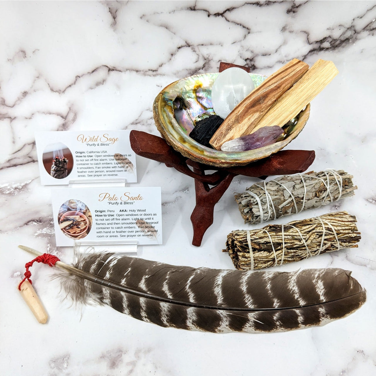 Feather, bowl, and note card from Deluxe Master Cleansing Set #SK9566 with prayer card