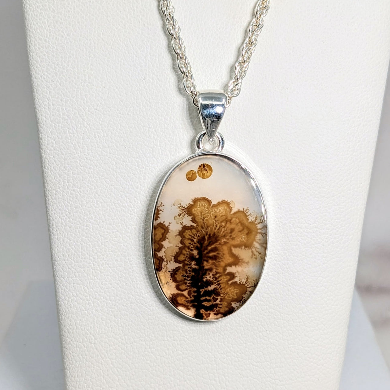 Dendrite Agate Oval Pendant with Pine Tree Picture in 1’ Sterling Silver Frame #LV1755