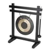 12-inch black desk gong with gold mallet on Woodstock stand