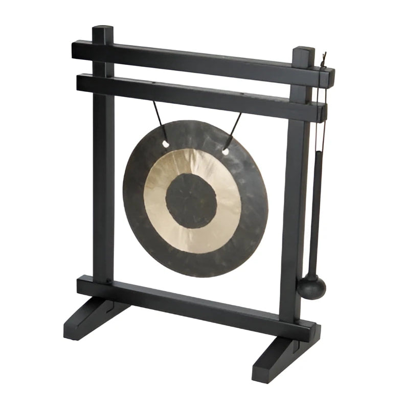 12-inch black desk gong with gold mallet on Woodstock stand