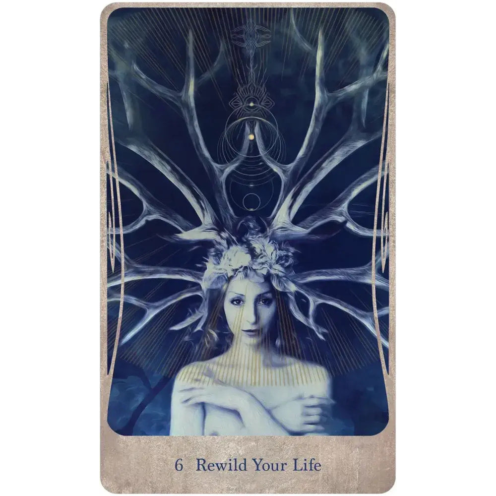 Mystical tarot card of woman with white flowers in hair, silver antlers on blue background from Divine Nature Oracle Deck #LV9578