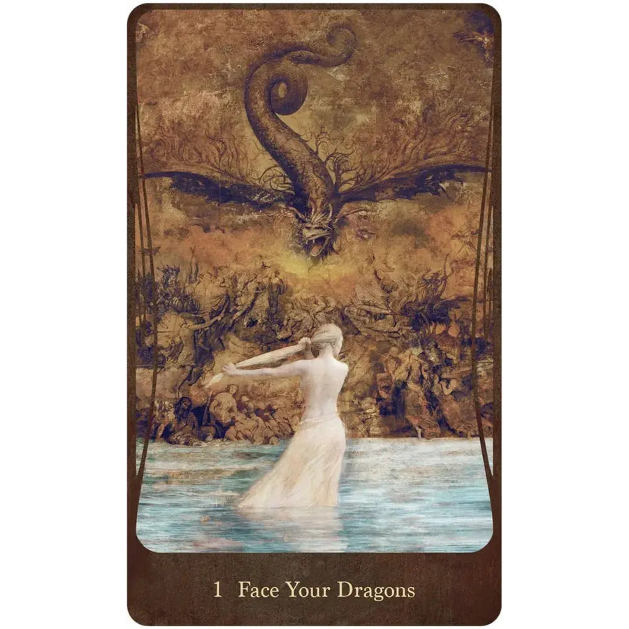 Mystical tarot card with white figure, winged dragon in Divine Nature Oracle Deck LV9578