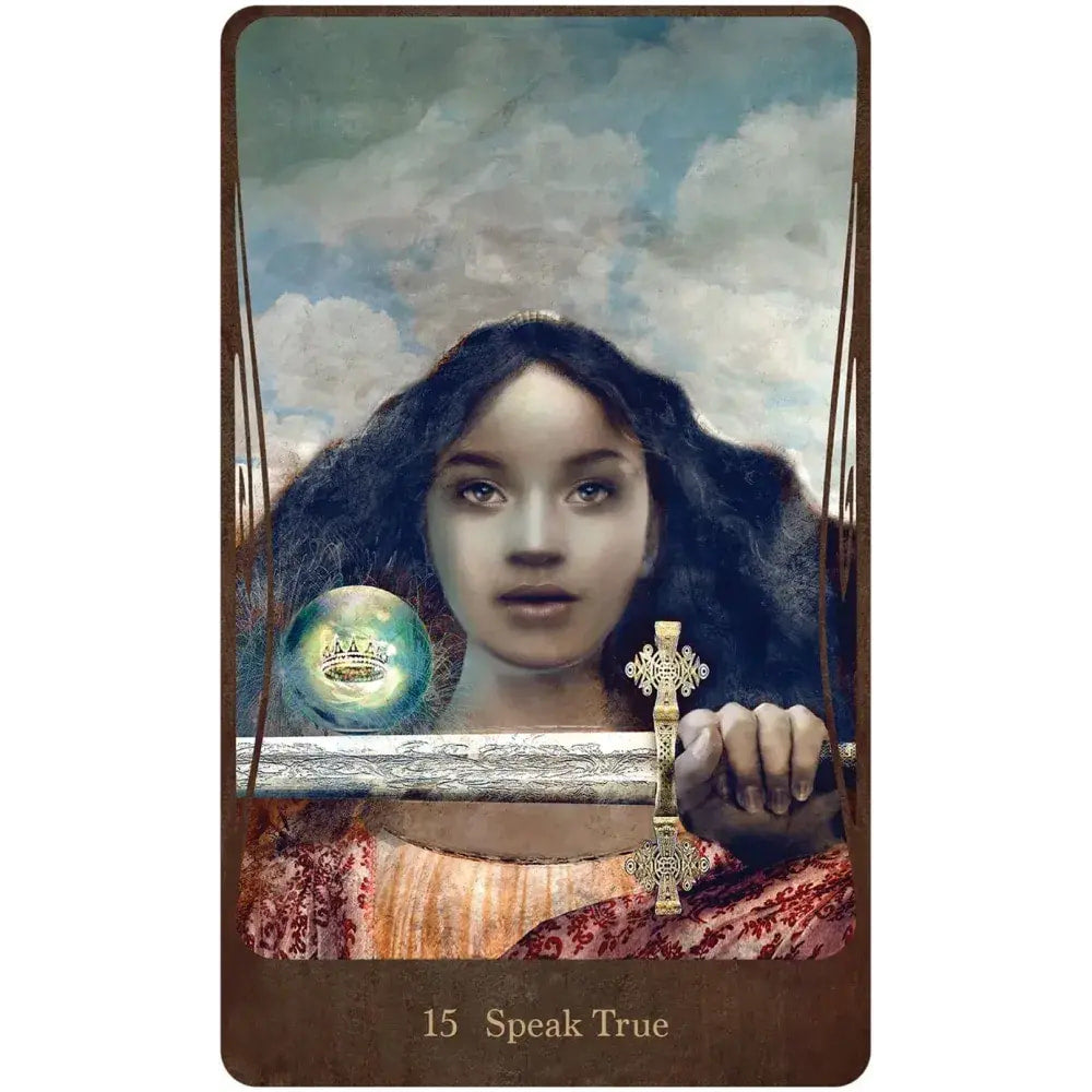 Woman with dark wavy hair holds ornate golden sword and glowing blue orb from Divine Nature Oracle Deck LV9578